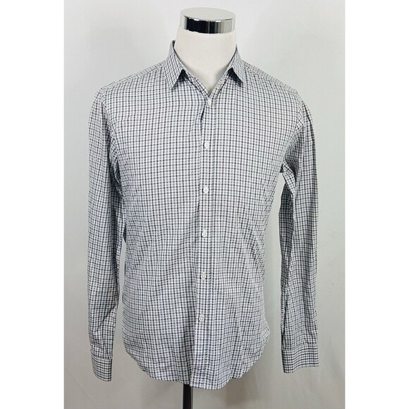Theory Small Casual Button Front Shirt Gray White Plaid 100% Cotton - Picture 2 of 5